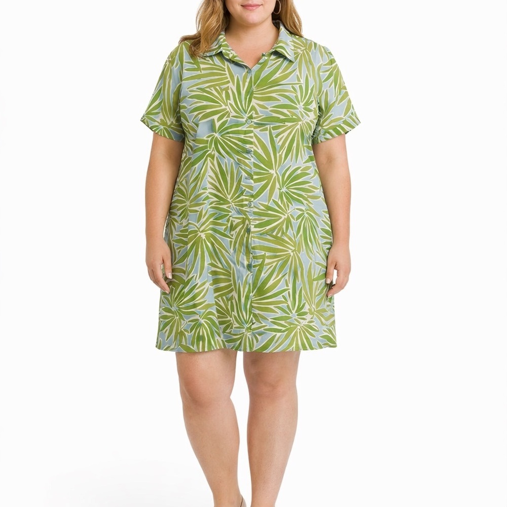 Sigrid Olsen Linen Tropical Palm Shirt Dress XL Coastal Grandma